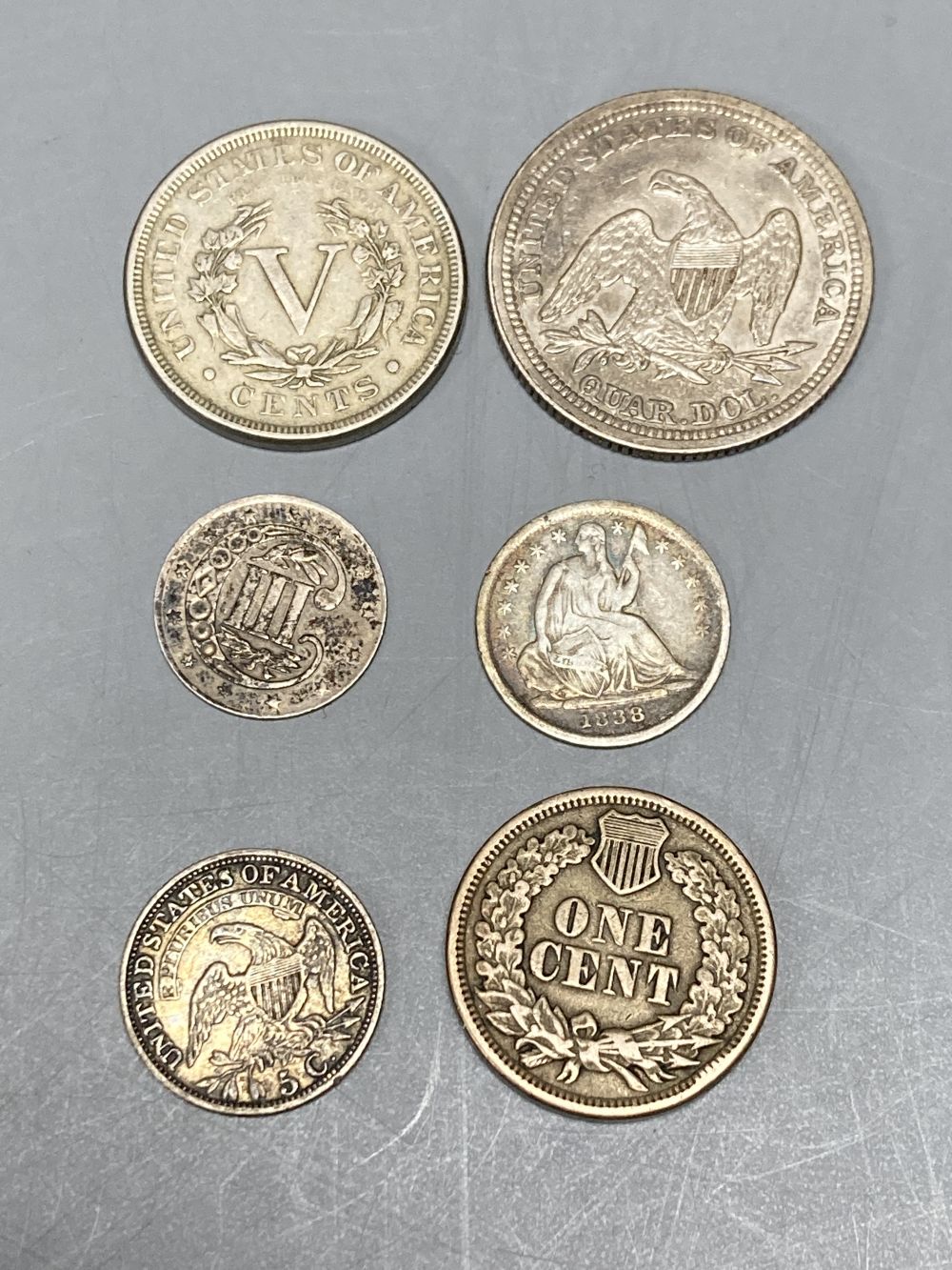 United States of America, Seated Liberty Quarter Dollar 1858, GVF, Liberty Head Five Cents 1888, NVF, Indian One Cent 1863, VF, Five Ce